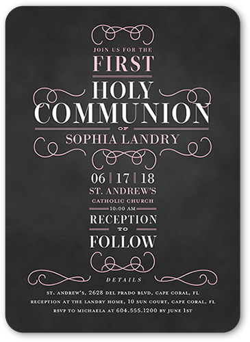 Christening Cross Girl Communion Invitation, Pink, Pearl Shimmer Cardstock, Rounded