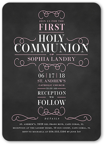 Christening Cross Girl Communion Invitation, Pink, Pearl Shimmer Cardstock, Rounded, Honeysuckle