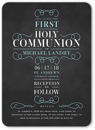 Christening Cross Boy Communion Invitation, Blue, 100% Recycled Cardstock , Rounded, Oasis