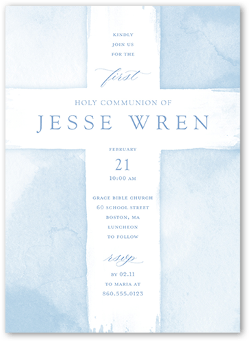 Watercolor Cross Boy Communion Invitation, Blue, 5x7 Flat, Luxe Double-Thick Cardstock, Square