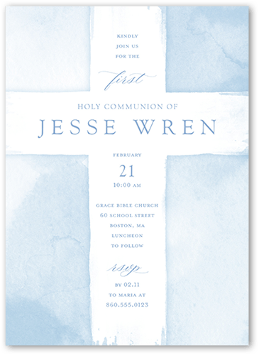 Watercolor Cross Boy Communion Invitation, Blue, 5x7 Flat, 100% Recycled Cardstock ?, Square