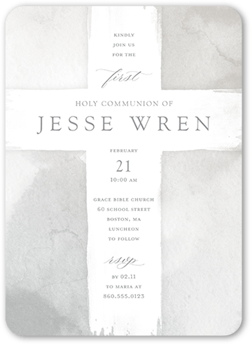 Watercolor Cross Boy Communion Invitation, Grey, 5x7 Flat, Pearl Shimmer Cardstock, Rounded, Fog