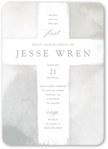 Watercolor Cross Boy Communion Invitation, Grey, 5x7 Flat, Matte, Signature Smooth Cardstock, Rounded