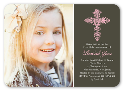 Gaelic Cross Girl Communion Invitation, Grey, Matte, Signature Smooth Cardstock, Rounded, Dark Gray