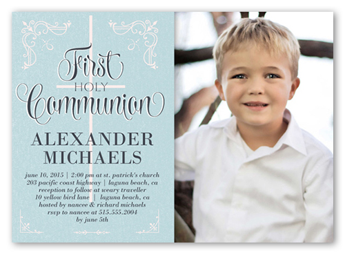 Decorative Borders Boy Communion Invitation, Blue, Standard Smooth Cardstock, Square