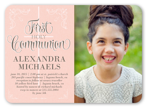 Decorative Borders Girl Communion Invitation, Pink, Standard Smooth Cardstock, Rounded