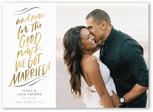 Good News Wedding Announcement, White, 5x7 Flat, Luxe Double-Thick Cardstock, Square, White