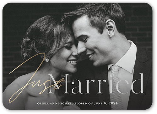 Just Married Calligraphy Wedding Announcement, Grey, 5x7 Flat, Standard Smooth Cardstock, Rounded, Smoke