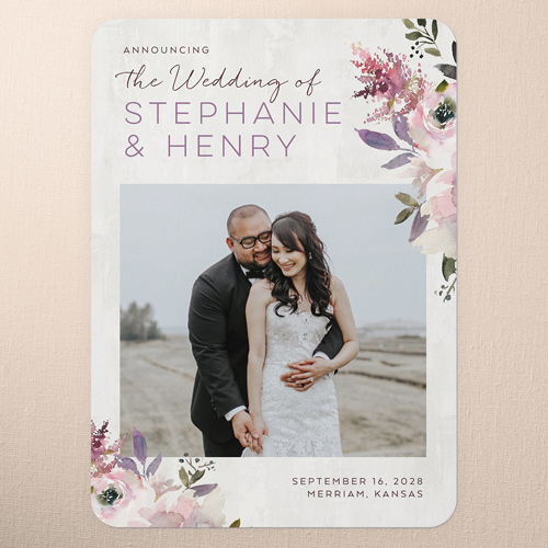 Painted Promise Wedding Announcement, Purple, 5x7 Flat, Pearl Shimmer Cardstock, Rounded