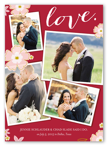 Floral Love Wedding Announcement, Red, Pearl Shimmer Cardstock, Square