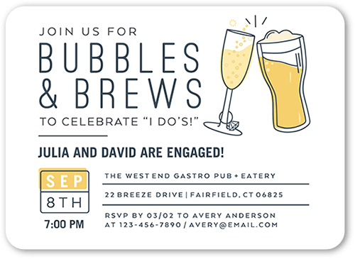 Brews I Dos Engagement Party Invitation, White, 5x7 Flat, Standard Smooth Cardstock, Rounded