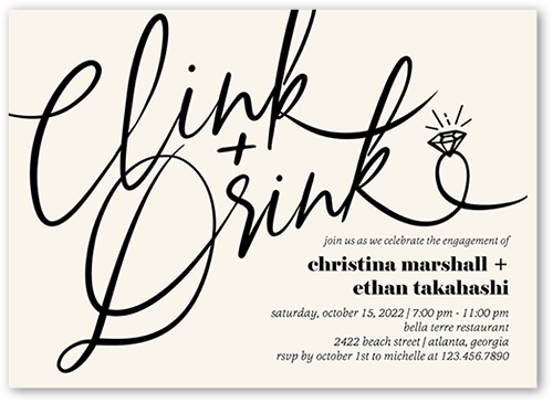 Clink And Drink Engagement Party Invitation, Black, 5x7 Flat, Luxe Double-Thick Cardstock, Square