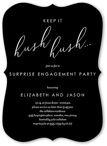 Hush Hush Engagement Party Invitation, Black, 5x7 Flat, Pearl Shimmer Cardstock, Bracket