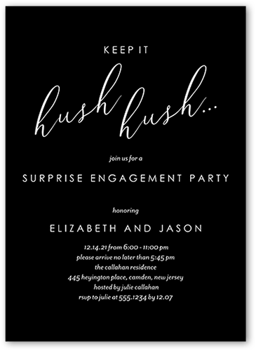 Hush Hush Engagement Party Invitation, Black, 5x7 Flat, Luxe Double-Thick Cardstock, Square