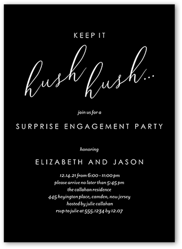 Hush Hush Engagement Party Invitation, Black, 5x7 Flat, Pearl Shimmer Cardstock, Square