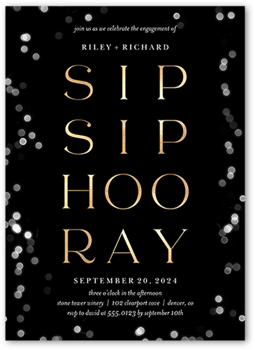 Sip And Hooray Engagement Party Invitation, Black, 5x7 Flat, Pearl Shimmer Cardstock, Square