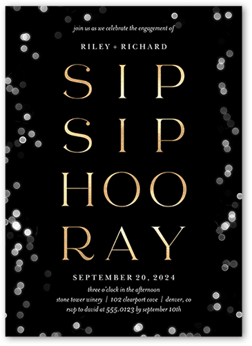 Sip And Hooray Engagement Party Invitation, Black, 5x7 Flat, Standard Smooth Cardstock, Square