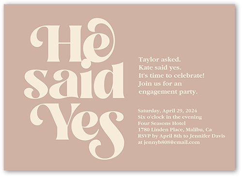 Said Yes Engagement Party Invitation, Beige, 5x7 Flat, Standard Smooth Cardstock, Square