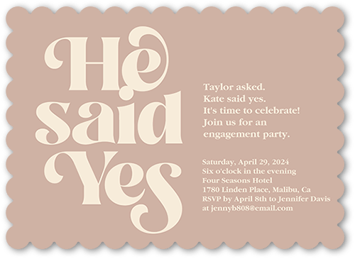 Said Yes Engagement Party Invitation, Beige, 5x7 Flat, Pearl Shimmer Cardstock, Scallop