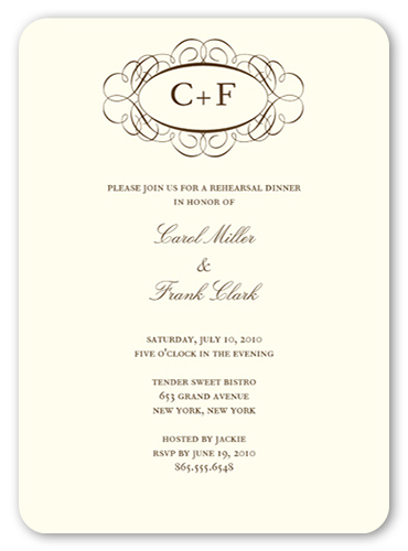 Fancy Monogram Cream Rehearsal Dinner Invitation, Beige, Pearl Shimmer Cardstock, Rounded