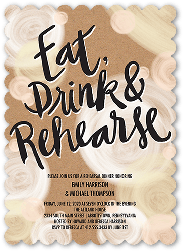 Eat Drink Rehearse Rehearsal Dinner Invitation, Beige, 5x7 Flat, Pearl Shimmer Cardstock, Scallop