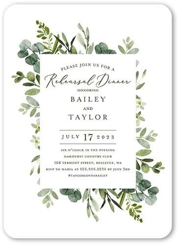 Rehearsed In Greenery Rehearsal Dinner Invitation, White, 5x7 Flat, Matte, Signature Smooth Cardstock, Rounded