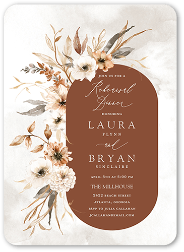 Wild Botanic Rehearsal Dinner Invitation, Orange, 5x7 Flat, 100% Recycled Cardstock , Rounded, Caramel
