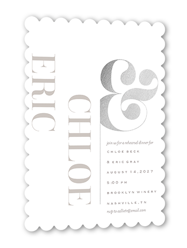 Alluring Ampersand Rehearsal Dinner Invitation, White, Silver Foil, 5x7 Flat, Pearl Shimmer Cardstock, Scallop