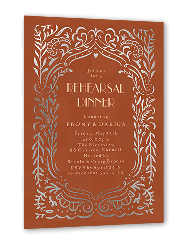 Wonderful Weave Rehearsal Dinner Invitation, Orange, Silver Foil, 5x7 Flat, Luxe Double-Thick Cardstock, Square