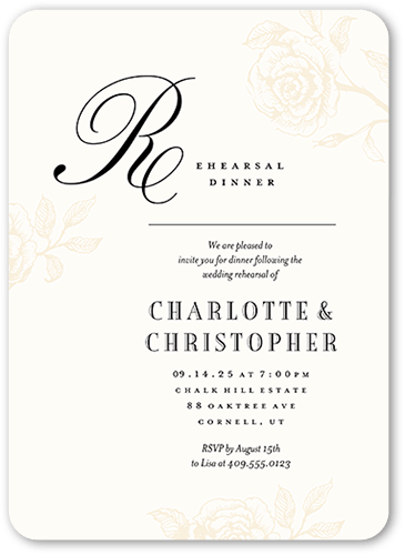Romantic Rose Rehearsal Dinner Invitation, Beige, 5x7 Flat, Matte, Signature Smooth Cardstock, Rounded, Antique White