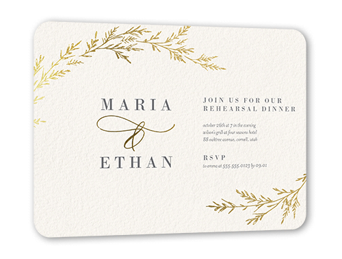 Spectacular Spruce Rehearsal Dinner Invitation, Beige, Gold Foil, 5x7 Flat, Matte, Signature Smooth Cardstock, Rounded, Antique White