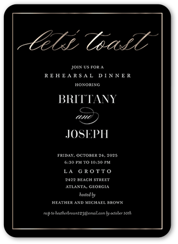 Elegantly Engaged Rehearsal Dinner Invitation, Black, 5x7 Flat, Pearl Shimmer Cardstock, Rounded, Black