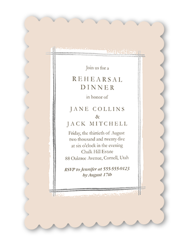 Glistening Gathering Rehearsal Dinner Invitation, Pink, Silver Foil, 5x7 Flat, Pearl Shimmer Cardstock, Scallop