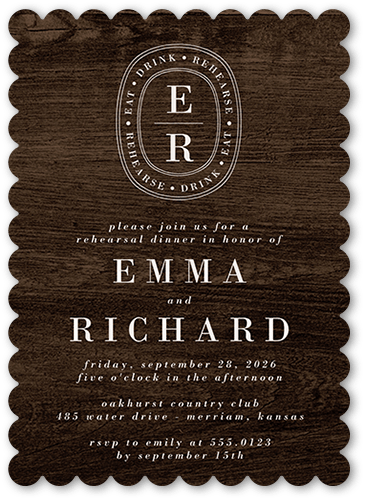 Majestic Monogram Rehearsal Dinner Invitation, Brown, 5x7 Flat, Pearl Shimmer Cardstock, Scallop