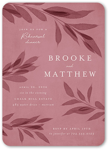 Pressed Leaves Rehearsal Dinner Invitation, Pink, 5x7 Flat, Pearl Shimmer Cardstock, Rounded