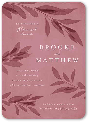 Pressed Leaves Rehearsal Dinner Invitation, Pink, 5x7 Flat, Pearl Shimmer Cardstock, Rounded, Blush