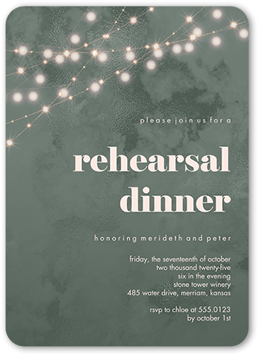 Winsome Wanderlust Rehearsal Dinner Invitation, Green, 5x7 Flat, Standard Smooth Cardstock, Rounded, Green