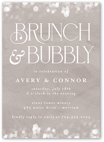 Bokeh Bubbly Rehearsal Dinner Invitation, Brown, 5x7 Flat, Pearl Shimmer Cardstock, Square, Taupe
