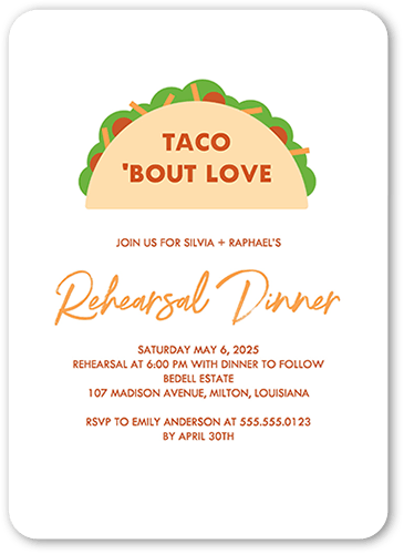 Taco Love Rehearsal Dinner Invitation, White, 5x7 Flat, Standard Smooth Cardstock, Rounded, White