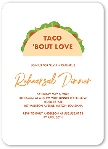 Taco Love Rehearsal Dinner Invitation, White, 5x7 Flat, Standard Smooth Cardstock, Rounded