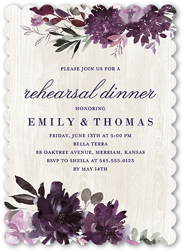 Muted Florals Rehearsal Dinner Invitation, Purple, 5x7 Flat, Matte, Signature Smooth Cardstock, Scallop