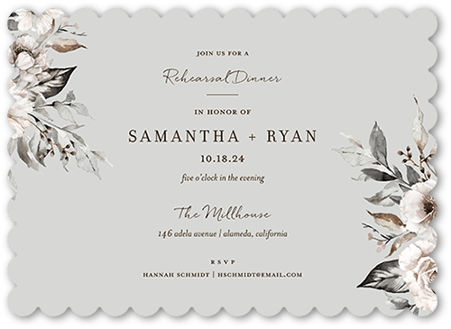 Neutral Florals Rehearsal Dinner Invitation, Grey, 5x7 Flat, Pearl Shimmer Cardstock, Scallop