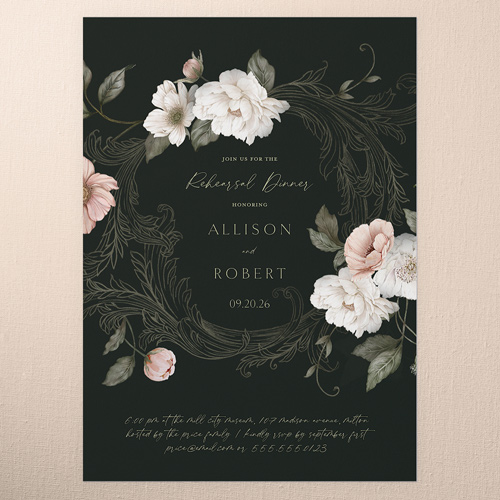 Peaceful Flowers Rehearsal Dinner Invitation, Black, 5x7 Flat, Pearl Shimmer Cardstock, Square