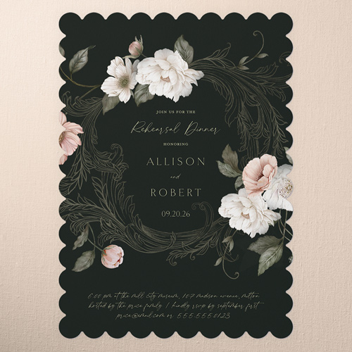 Peaceful Flowers Rehearsal Dinner Invitation, Black, 5x7 Flat, Pearl Shimmer Cardstock, Scallop