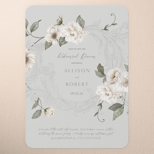 Peaceful Flowers Rehearsal Dinner Invitation, Grey, 5x7 Flat, Pearl Shimmer Cardstock, Rounded