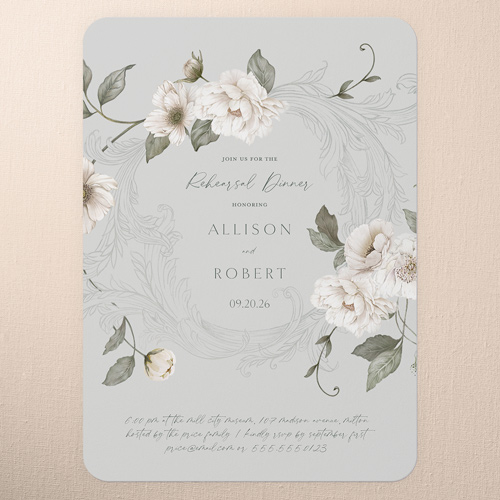 Peaceful Flowers Rehearsal Dinner Invitation, Grey, 5x7 Flat, 100% Recycled Cardstock , Rounded