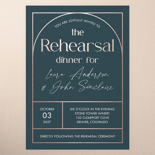 Geometric Impression Rehearsal Dinner Invitation, Blue, Rose Gold Foil, 5x7 Flat, Luxe Double-Thick Cardstock, Square, Seabrook
