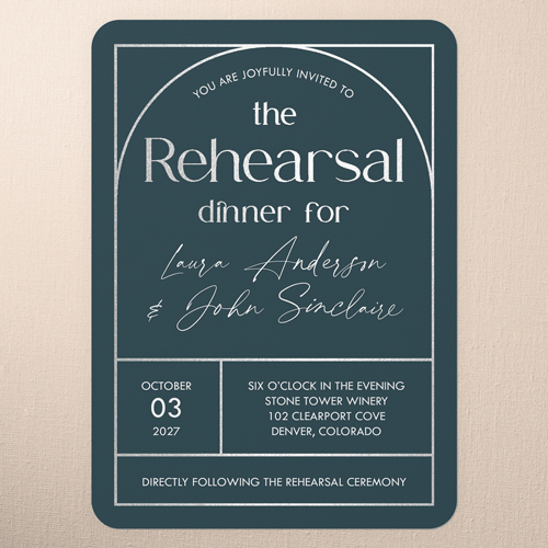 Geometric Impression Rehearsal Dinner Invitation, Blue, Silver Foil, 5x7 Flat, Matte, Signature Smooth Cardstock, Rounded, Seabrook