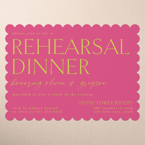 Editable Edition Rehearsal Dinner Invitation, Pink, 5x7 Flat, Pearl Shimmer Cardstock, Scallop