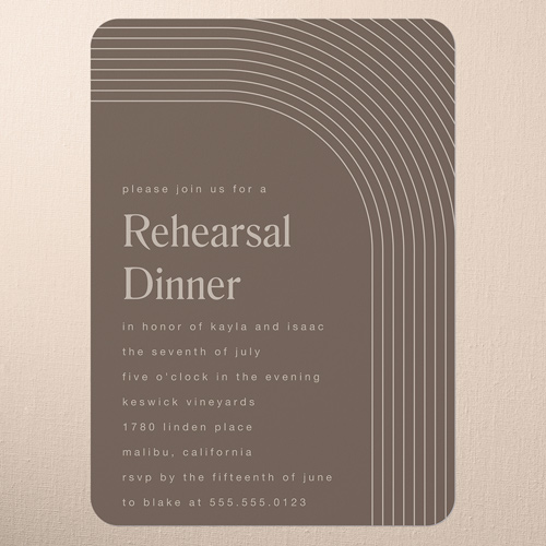 Round Bands Rehearsal Dinner Invitation, Brown, 5x7 Flat, Pearl Shimmer Cardstock, Rounded